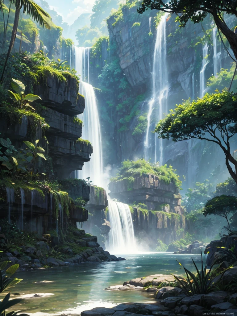 A waterfall in jungle with a steam in the Midjourney manga style