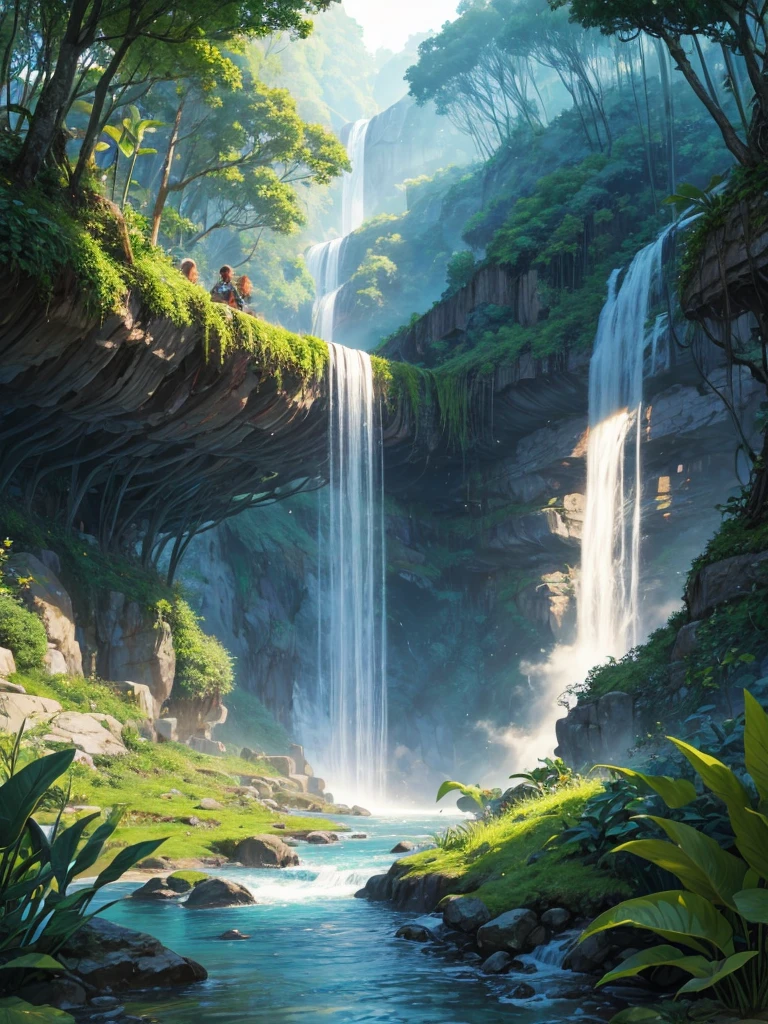 A waterfall in jungle with a steam in the Midjourney manga style