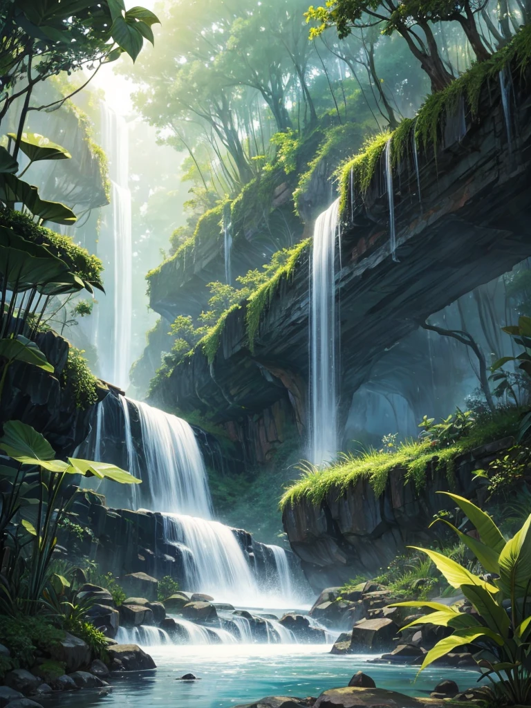 A waterfall in jungle with a steam in the Midjourney manga style