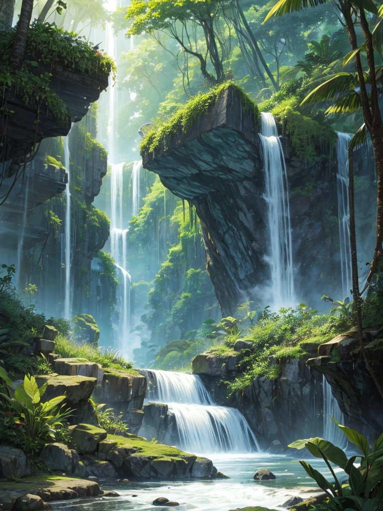 A waterfall in jungle with a steam in the Midjourney manga style
