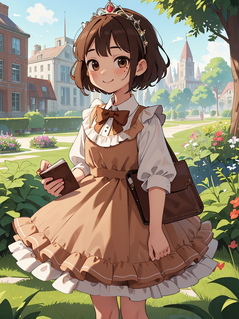 masterpiece, Highest quality, High resolution, One girl, 9 years old, alone, Brown Hair, short hair, Brown eyes, Mole under the eye, Cowboy Shot,, Princess dress, Princess Costume,bow tie, smile (Princess:1.2), Ruffled Dress, tiara, city, Outdoor, garden, wearing wallet, (wallet:1.2), Pull up the dress by hand、Low Angle