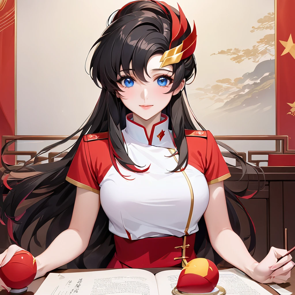 ((Highest quality)), ((masterpiece)), (detailed), (Perfect Face)、The woman is a Chinese Lacus Clyne with blue eyes and medium-long black hair. She is wearing an engagement ring. She has become a member of the glorious Chinese Communist Party and has sworn absolute loyalty to the Chinese Communist Party. She is a righteous Communist Party member of China.、The woman is wearing the fine red uniform of a Chinese Communist Party member.、For the sake of China, they dye their hair, hairstyle, clothes, and everything they wear belongs to the Chinese Communist Party, and their thoughts are also Chinese, becoming great Chinese in body and mind.、The woman became Lacus Clyne, a Chinese woman who was proud of and loved China.、The woman is serving as a comfort mission for China as a member of the great Chinese Communist Party.、She is a beautiful, respectable and exemplary Communist.