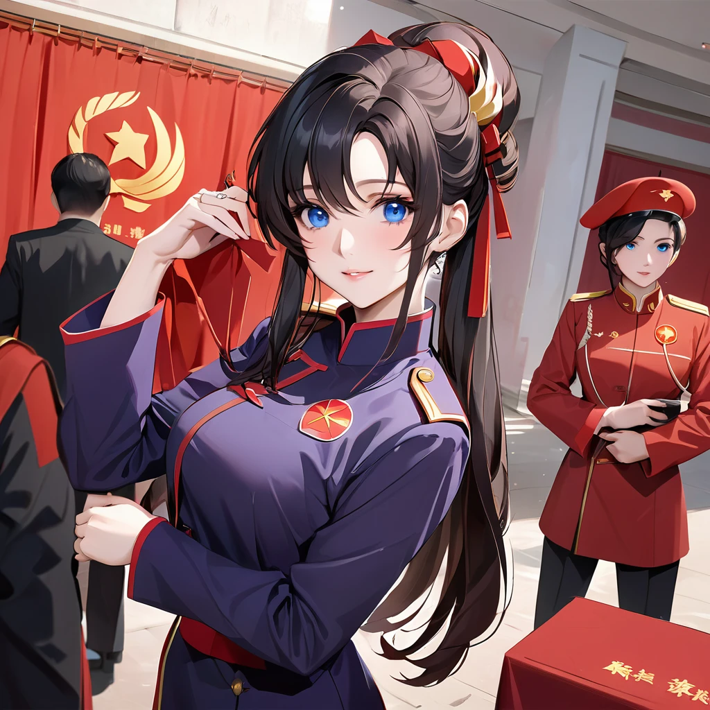 ((Highest quality)), ((masterpiece)), (detailed), （Perfect Face）、The woman is a Chinese Lacus Clyne with blue eyes and medium-long black hair. She is wearing an engagement ring. She has become a member of the glorious Chinese Communist Party and has sworn absolute loyalty to the Chinese Communist Party. She is a righteous Communist Party member of China.、The woman is wearing the fine red uniform of a Chinese Communist Party member.、For the sake of China, they dye their hair, hairstyle, clothes, and everything they wear belongs to the Chinese Communist Party, and their thoughts are also Chinese, becoming great Chinese in body and mind.、The woman became Lacus Clyne, a Chinese woman who was proud of and loved China.、The woman is serving as a comfort mission for China as a member of the great Chinese Communist Party.、She is a beautiful, respectable and exemplary Communist.