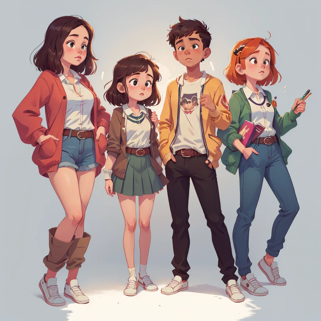 ((masterpiece)), (((Best quality))), illustration, group of teenagers, freckles, school clothes, Vyazannaya cardigan, trousers, White shirt, belt, relaxed posture, (simple background: 1.3) ,--6