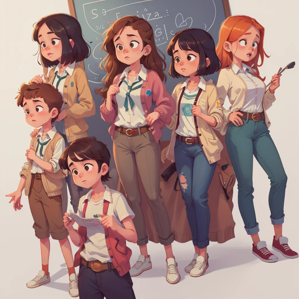 ((masterpiece)), (((Best quality))), illustration, group of teenagers, freckles, school clothes, Vyazannaya cardigan, trousers, White shirt, belt, relaxed posture, (simple background: 1.3) ,--6