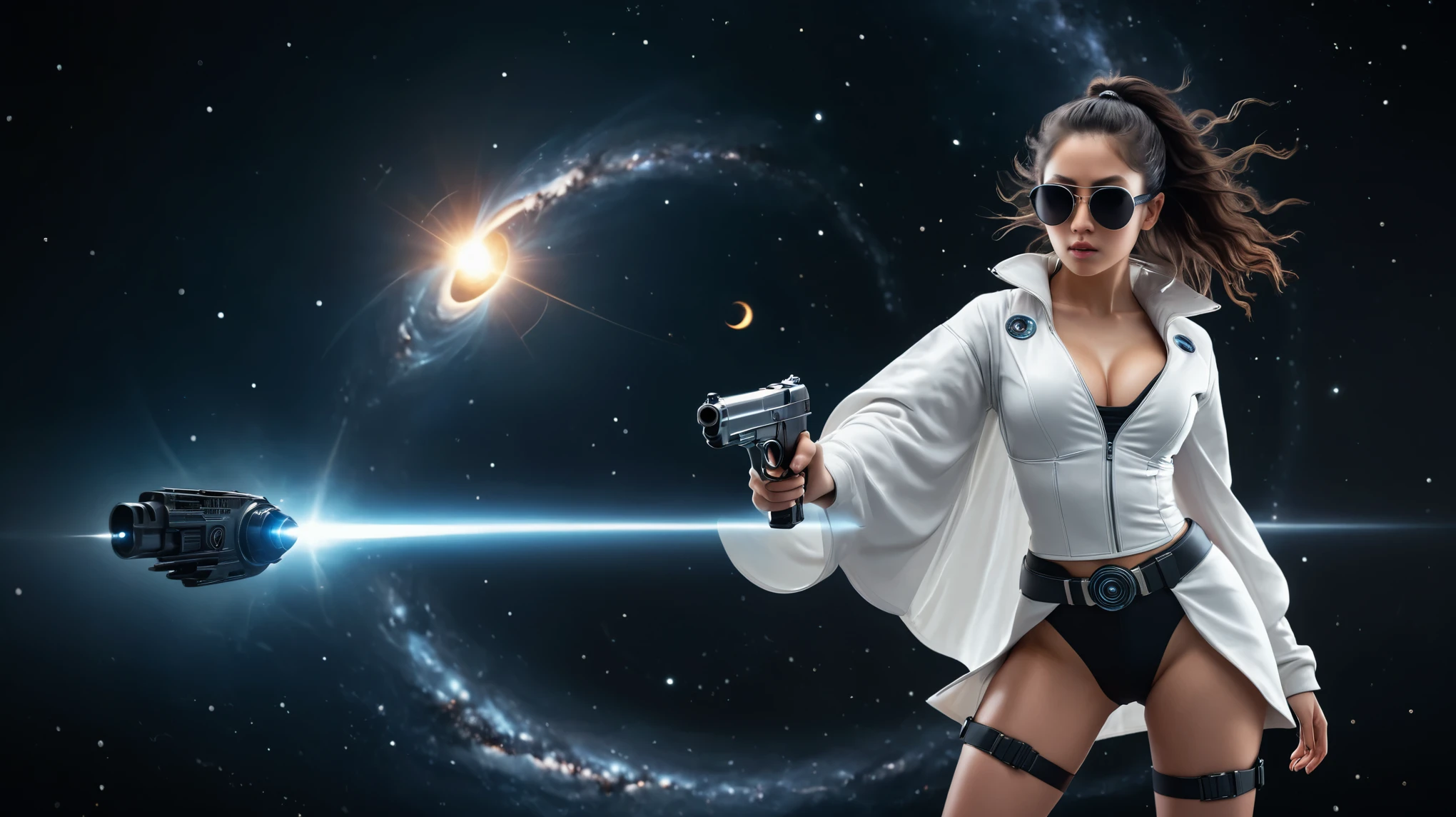 Sci-fi conceptual art, spiral Ying and Yang forces are core balancing factor of the world, wormhole with spacecraft flying through, dark cosmos as background. (1girl, solo), photo realistic, large-breast:1.2 slim:0.8 body, cleavage:1.2, (matrix style black sunglasses), ((holding a mini:1.1 pistol)), half-body thigh level medium shot, cinematic lighting, ray tracing.