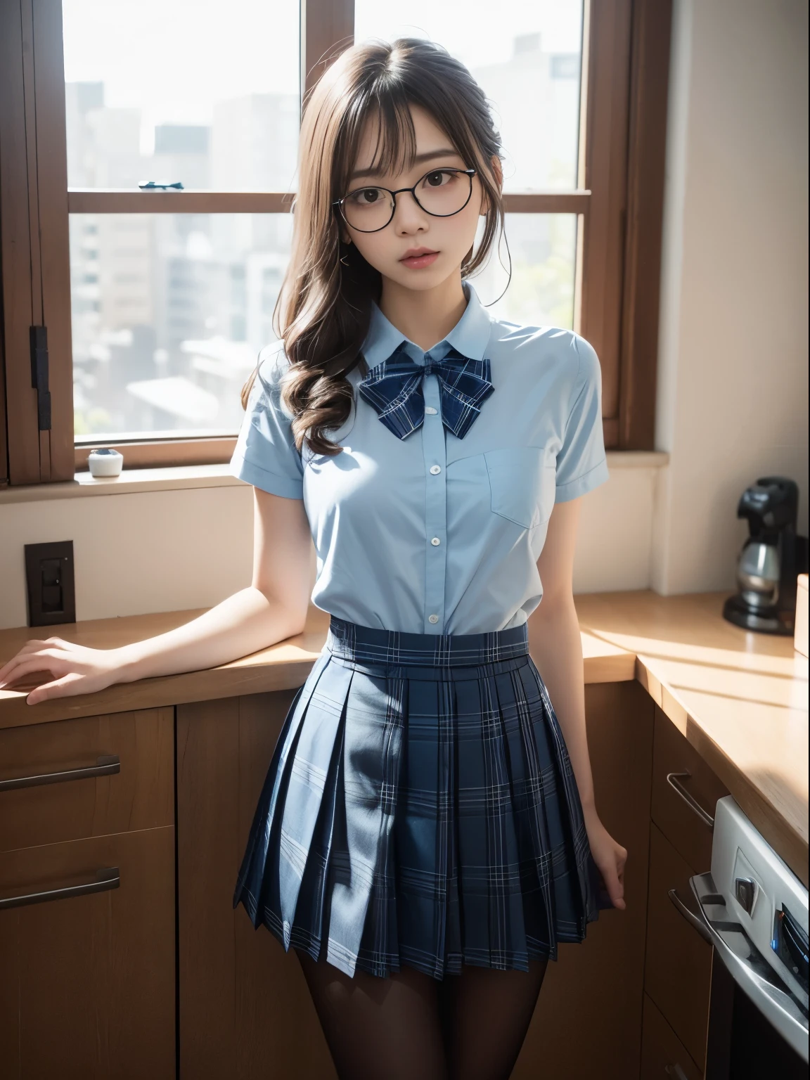 (8k、生photograph、Highest quality、masterpiece:1.2)、(Black Pantyhose)、(Small breasts)、(Small breasts)、(Small breasts)、(Cutting board)、(Cutting board)、(Glare)、(anger)、(Light)、((Half an eye))、((Sleepy eyes))、((Squint your eyes))、(Round Glasses)、cute、JK、high school girl、Japanese women、Are standing、(PhotoReactive:1.37)、Photon Mapping、Real、(Very delicate face)、cute小さな顔、Brown eyes、(Red bow tie)、Radio City、Physically Based Rendering、Prospect、Character boundary depth、Blurred Background、photograph、girl、body、Beautiful feet、Long legs、Thin legs、(前hairが見える)、hair、lips、Blue_The目、Soft Nose、(Light blue shirt)、(Navy, blue and white plaid pleated skirt)、High school uniforms、See-through clothing、Thighs、black cotton socks、Nogizaka Idol、、Japan Ido