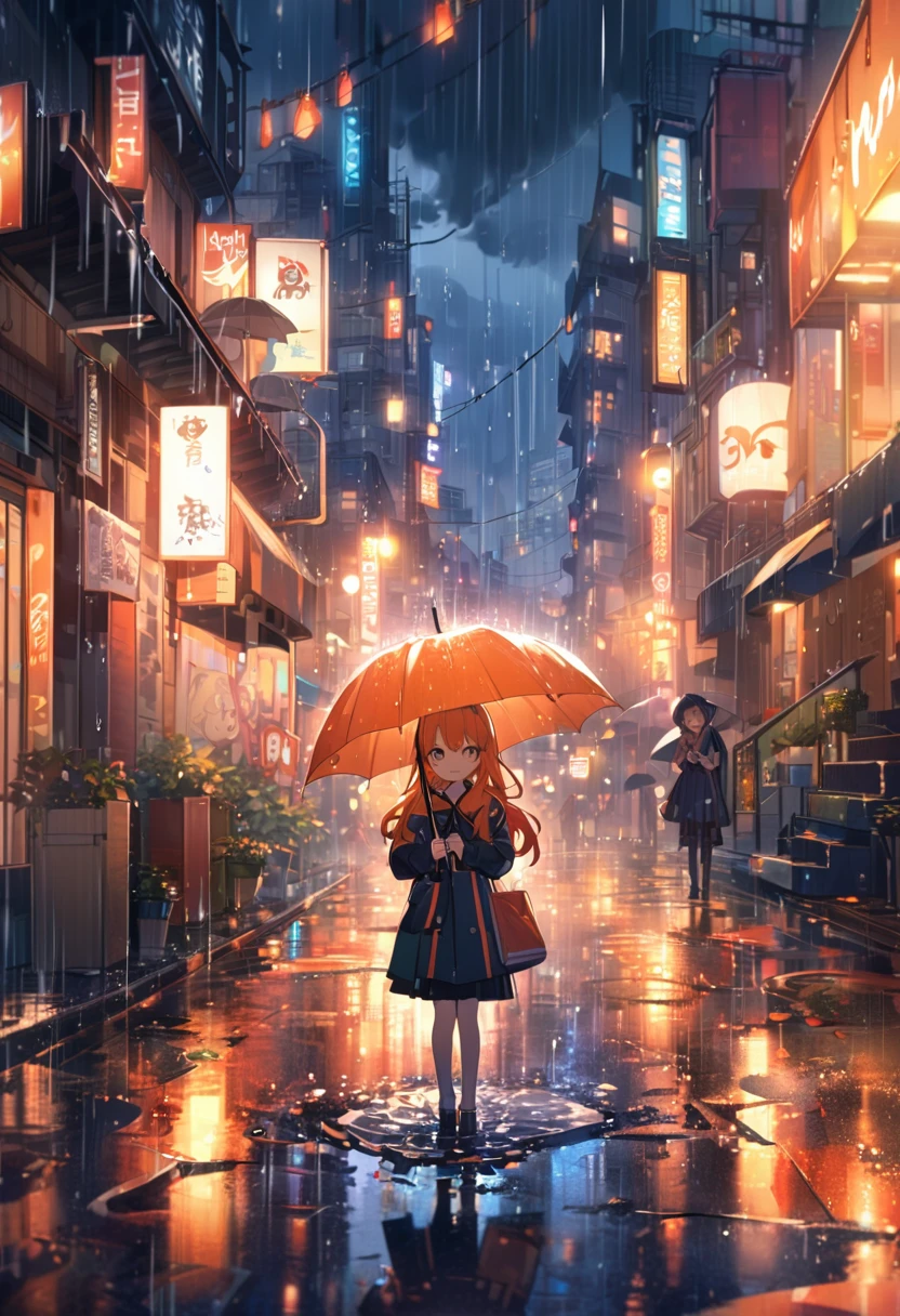 anime girl with orange hair, rainy pose, peace sign, happy face,holding umbrella,rain, puddles, ,bokeh,anime,cityscape,digital painting,bright colors,,atmospheric,moody,