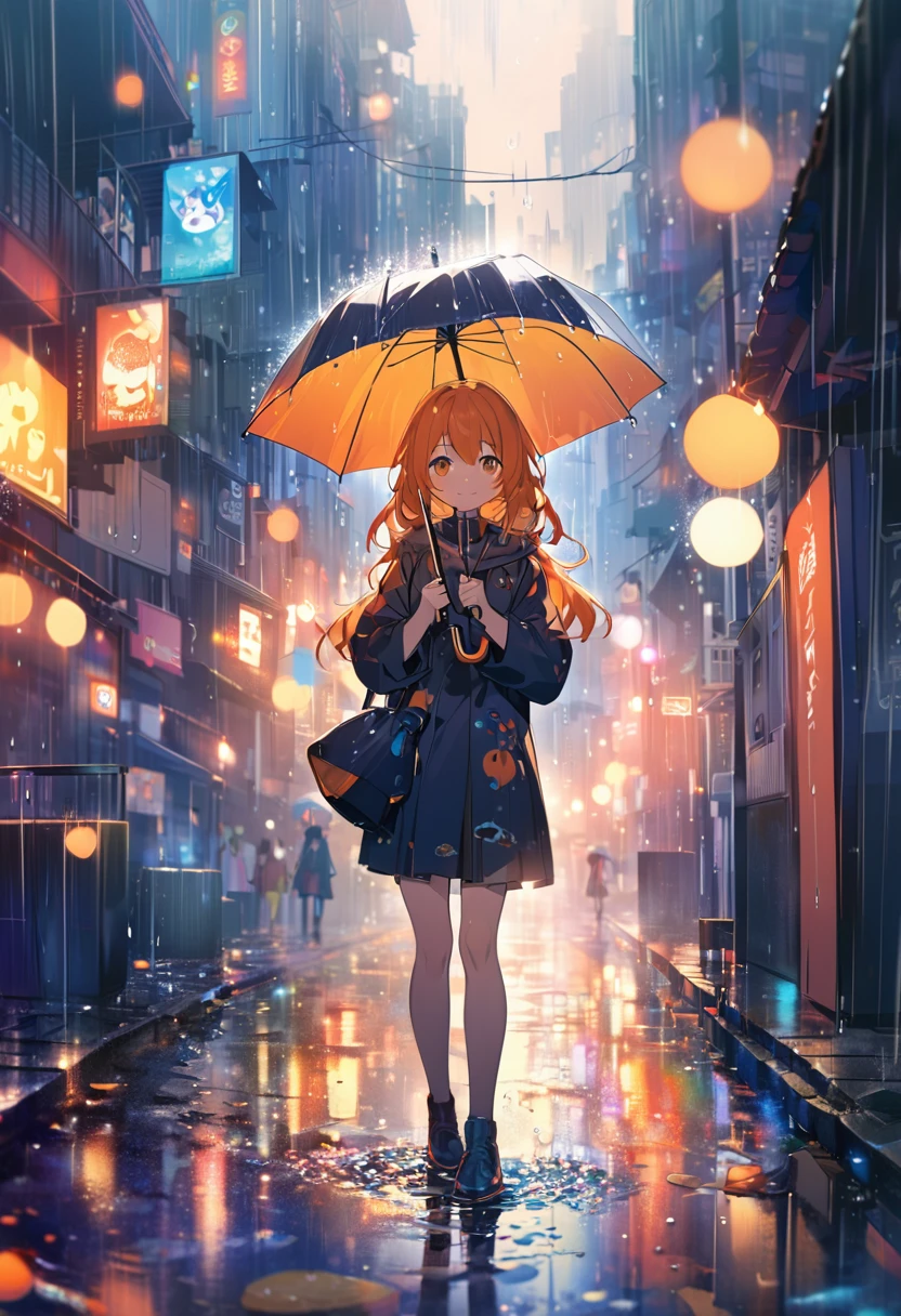 anime girl with orange hair, rainy pose, peace sign, happy face,holding umbrella,rain, puddles, ,bokeh,anime,cityscape,digital painting,bright colors,,atmospheric,moody,