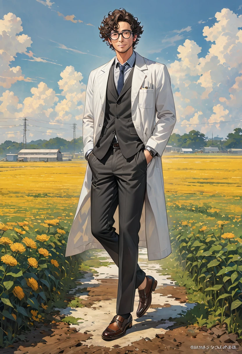 masterpiece, high quality, male、40s、Dirty lab coat、Black-rimmed glasses、Curly, unkempt hair、slacks、Leather shoes、field、