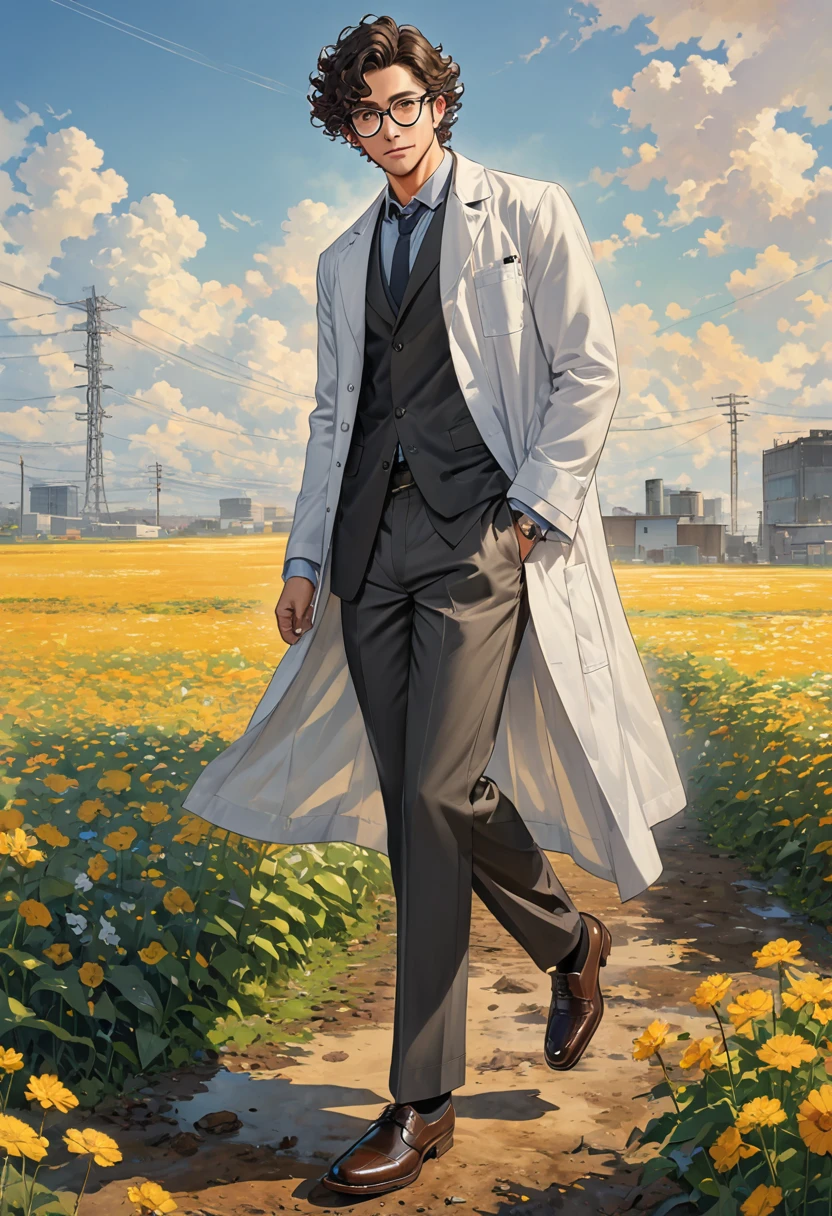 masterpiece, high quality, male、40s、Dirty lab coat、Black-rimmed glasses、Curly, unkempt hair、slacks、Leather shoes、field、