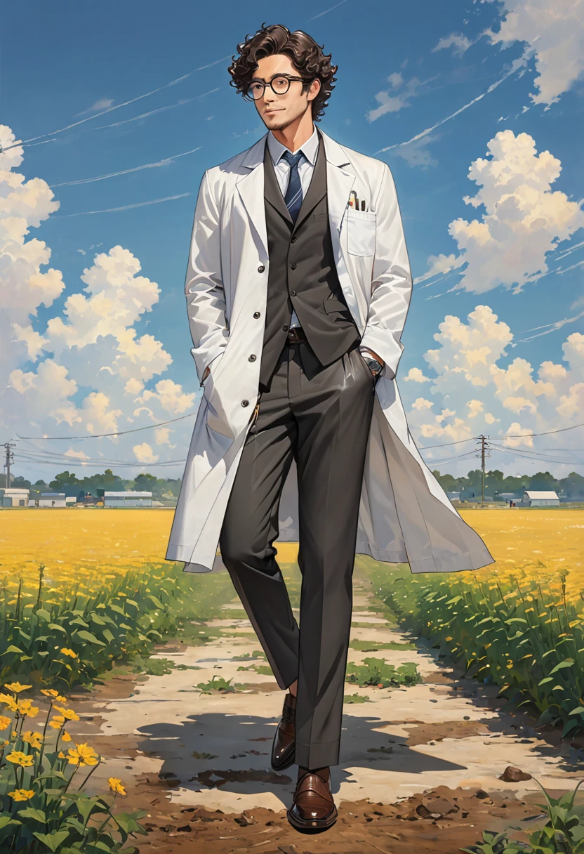 masterpiece, high quality, male、40s、Dirty lab coat、Black-rimmed glasses、Curly, unkempt hair、slacks、Leather shoes、field、