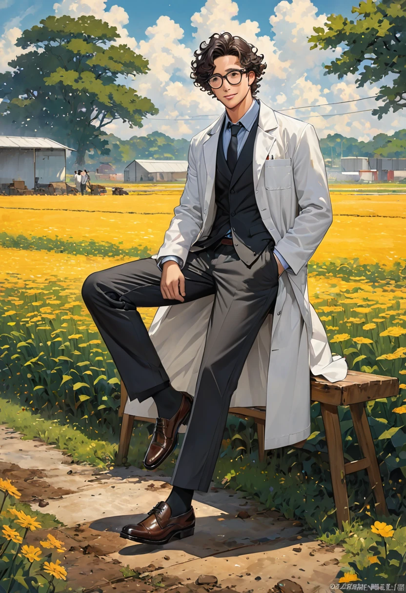 masterpiece, high quality, male、40s、Dirty lab coat、Black-rimmed glasses、Curly, unkempt hair、slacks、Leather shoes、field、