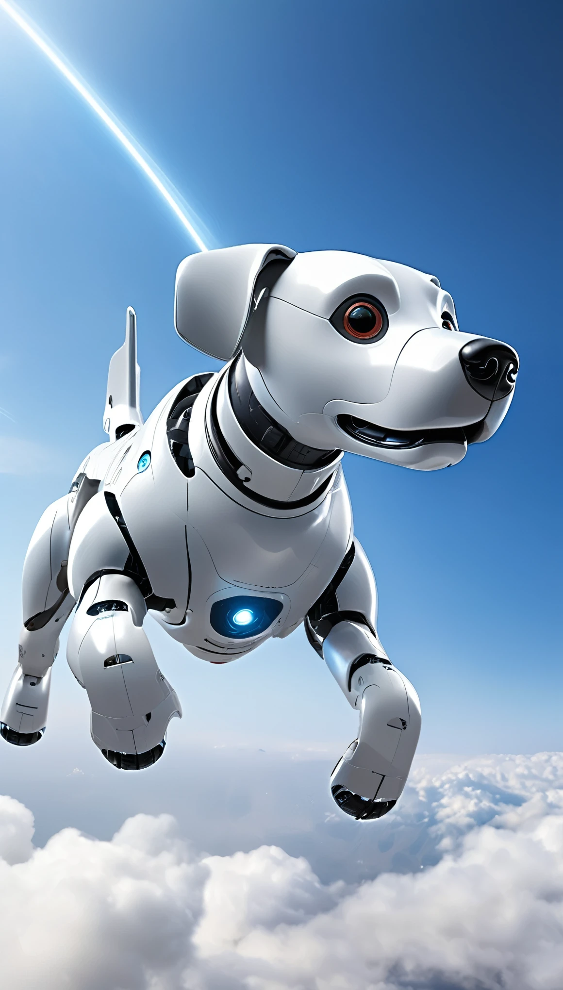 Highest quality, Realistic, photoRealistic, Award-winning photography, Design drawings, universe space, Combat Model, robotic dogs: AIBO, The highly evolved AIBO, fly in the sky, jet engine, missile, Laser beam