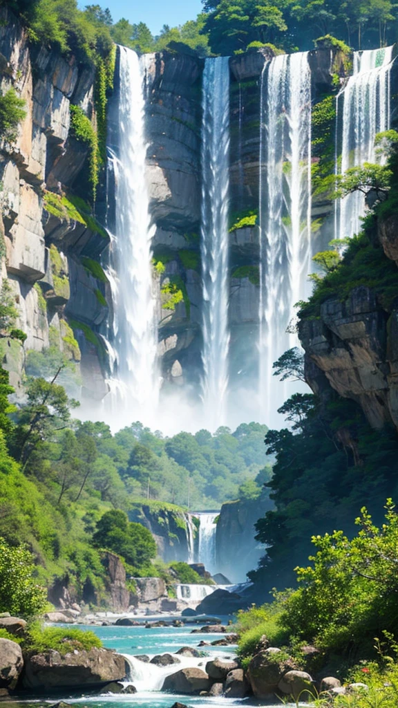 Craft a photograph that unveils the awe-inspiring sight of a waterfall, surrounded by dense and vibrant vegetation, a testament to the majesty and vitality of the natural world, Awe-Inspiring, Dense, Waterfall, Vitality, Natural. Camera: Smartphone, Lens: ...