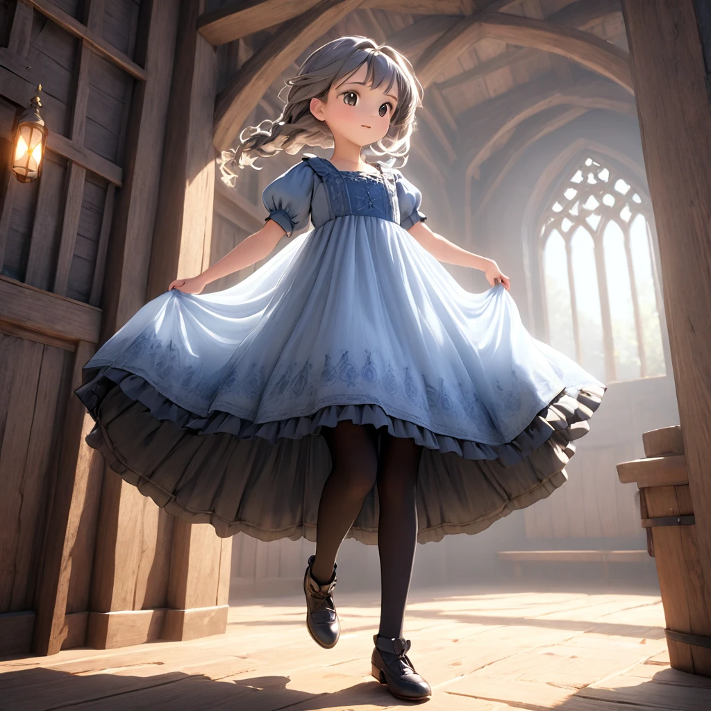 (Highly detailed CG Octane render 8k wallpaper), 8  girl underwear, Realistic cotton bloomers, Medieval long dress with panniers, Fabric Realism, Low Angle,  Pull up the dress by hand, Strong winds, Translucent slip, Translucent slip, tights, Highest quality, whole body