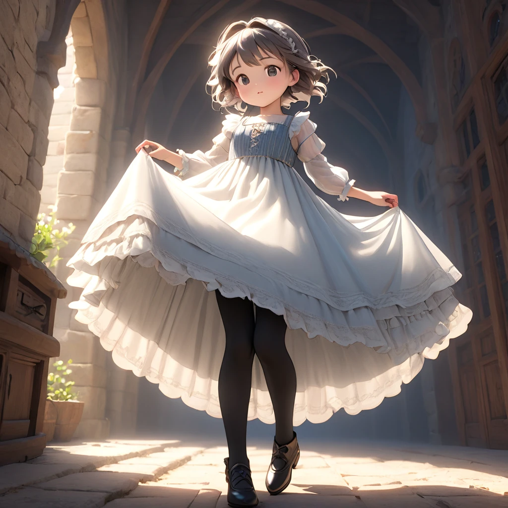 (Highly detailed CG Octane render 8k wallpaper), 8 year old girl underwear, Realistic cotton bloomers, Medieval long dress with panniers, Fabric Realism, Low Angle, Pull up the dress by hand, Strong winds, Translucent slip, Translucent slip, tights, Highest quality, whole body