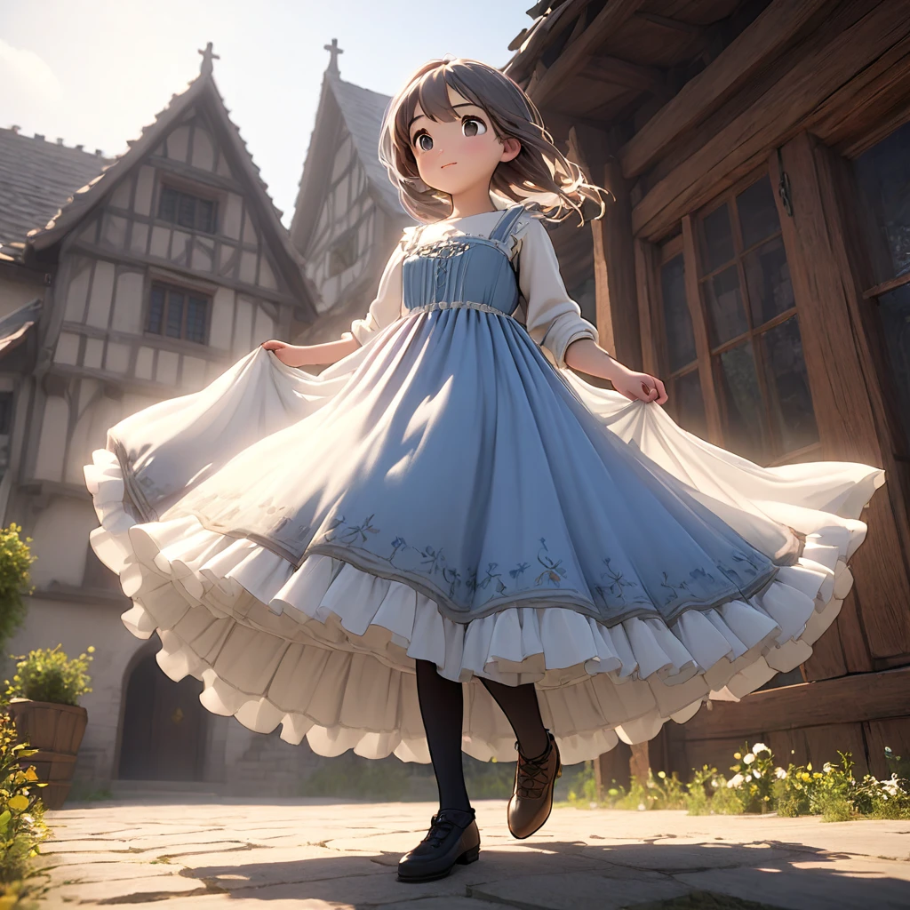 (Highly detailed CG Octane render 8k wallpaper), 8 year old girl underwear, Realistic cotton bloomers, Medieval long dress with panniers, Fabric Realism, Low Angle, Pull up the dress by hand, Strong winds, Translucent slip, Translucent slip, tights, Highest quality, whole body
