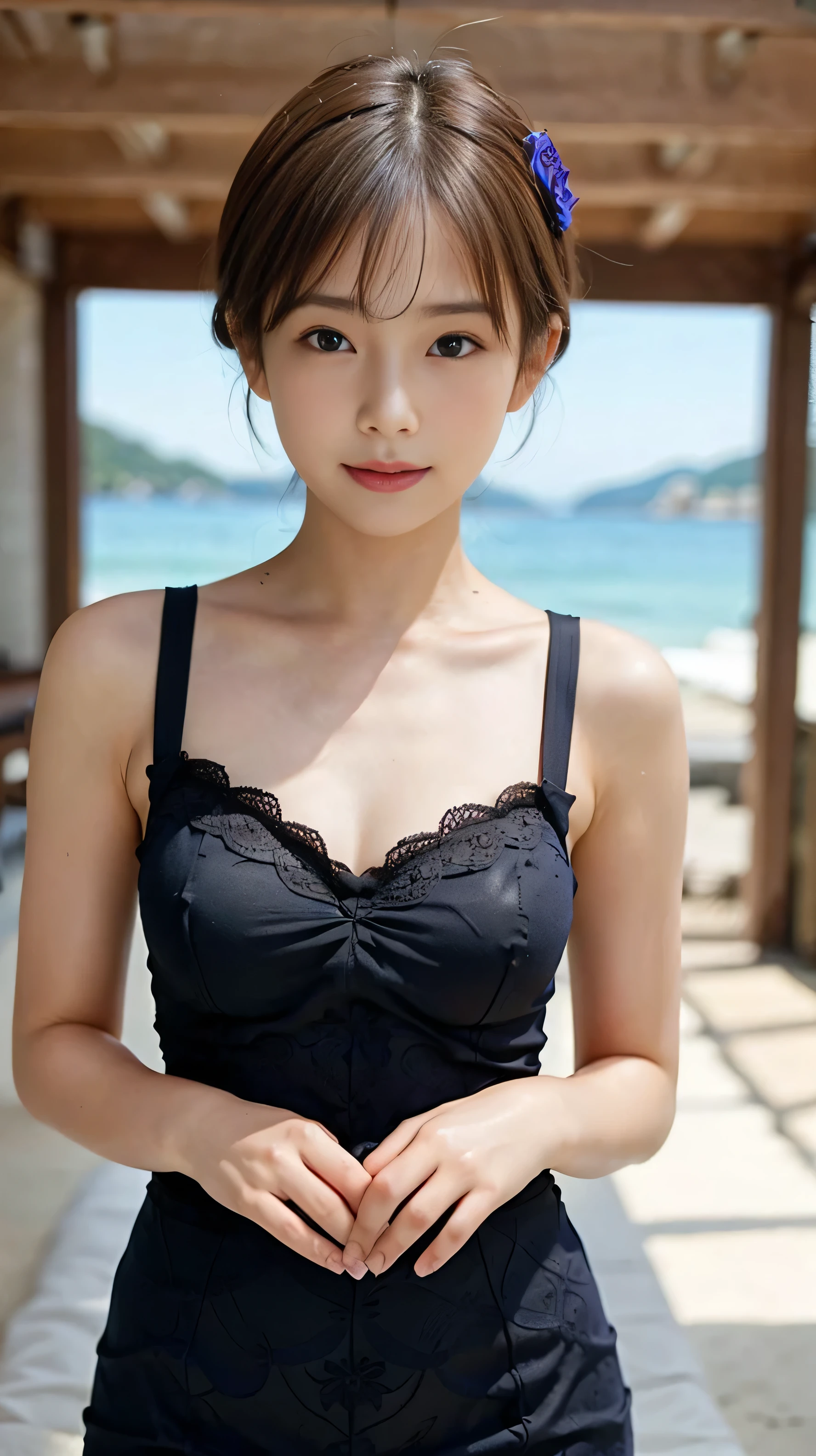 1 Nogizaka Musume、very cute、beautiful girl、19 years old、navel,naked、beautiful face, Exquisite details of eyes and skin、fine black shiny hair、Classy ruffles、rose hair accessories、(smile at the camera)、(cowboy shot)、(sea of europe)、professional lighting、break、(realistic、Photoreal:1.37)、8K、(masterpiece)、(highest quality:1.4)、(Super high resolution:1.2)、 (Raw photo:1.2)、(delicate lace、soft fabric、beautiful rose pattern dress)、perfect anatomy、4 fingers and 1 thumb、seaside background、(Wallpaper by Unity 8K)