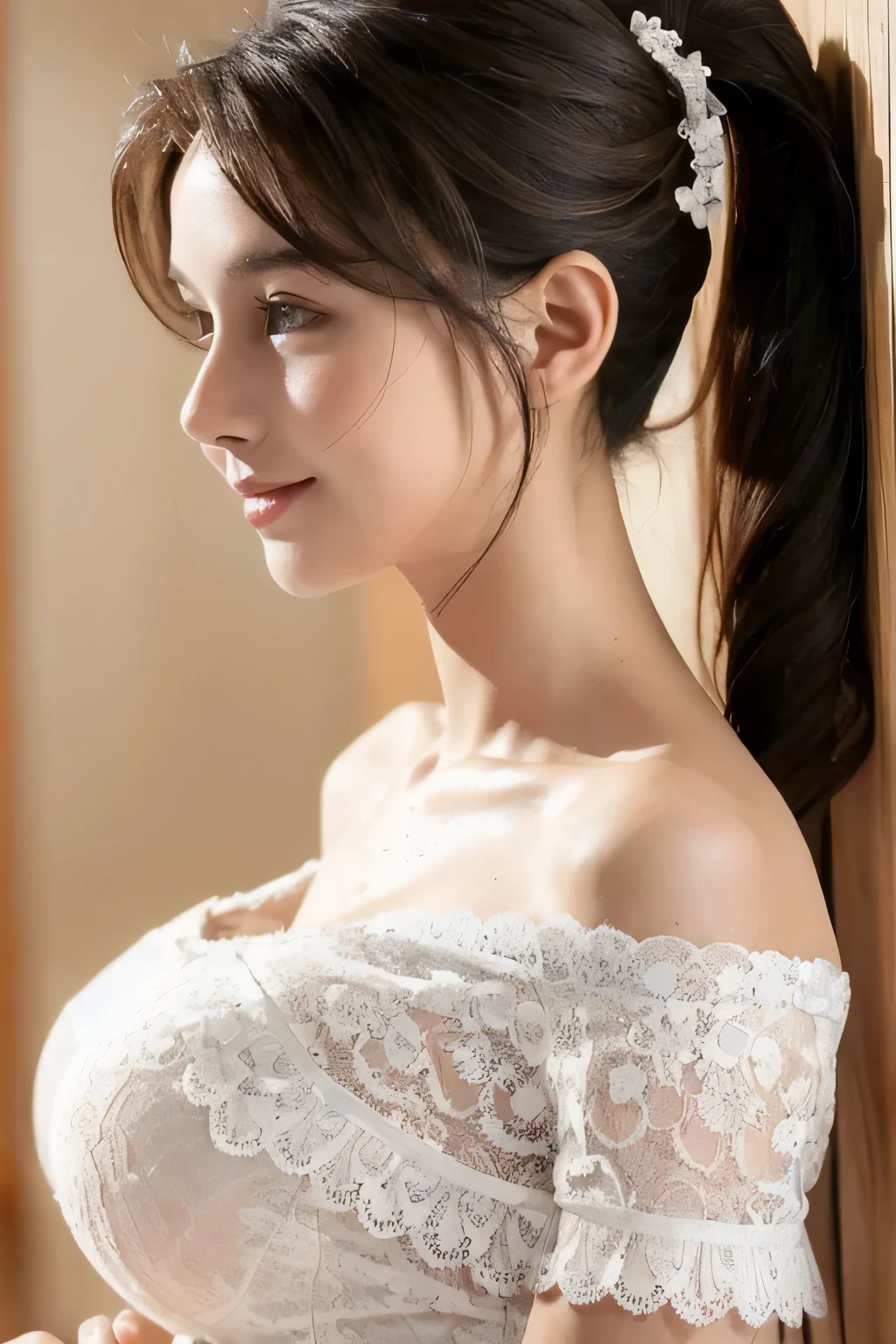 ((Highest quality, 8k, masterpiece: 1.3)), sharp: 1.2, Perfect Body Beauty: 1.6, ((Layered Hairstyles, Big Breasts: 2.0)), (white lace dress: 2.0, Off-the-shoulder dress: 2.0, Dresses with visible breasts: 2.0), ((long hair: 2.0)), ((necklace)), Earrings, ring, Bracelet, Hair Accessories, ((Beautiful young teenager woman)), ((Straight nose)), (Eyeliner), Armpit Hair, Bristles, ((White and beautiful skin)), Wavy Hair, Beautiful attention to detail, Super detailed, Highly detailed face and skin texture, fine grain, double eyelid, Black Hair, Big Ass, Lower Body, Thighs, (((Skinny))), Wet and shiny lips, smile, Get a grip on your body, ((Anatomically correct human body)), ((Crisp body shape)), Ribs, clavicle, Protruding skeleton, A face without nasolabial folds, Shyness, Thin eyebrows, Big eyes, (shoot from side: 1.0), (Narrow shoulders: 2.0), (Smile: 1.0), (Number of fingers is 5)
