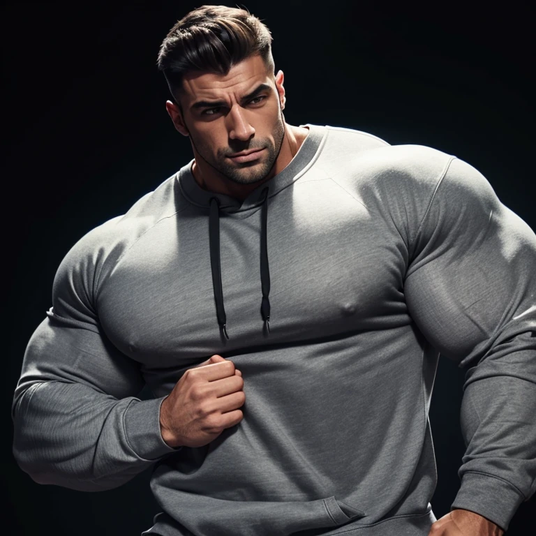 a very handsome, massively muscular man, with massively large muscles, with massively large biceps, with massively large arms, wearing a simple gray sweatshirt with long sleeves, with the bottom of the sweatshirt raised, on a black background