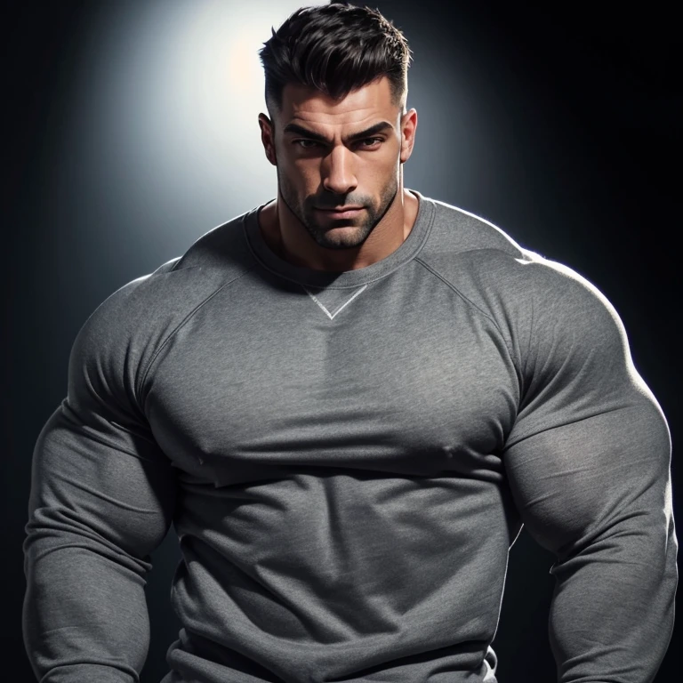 a very handsome, massively muscular man, with massively large muscles, with massively large biceps, with massively large arms, wearing a simple gray sweatshirt with long sleeves, with the bottom of the sweatshirt raised, on a black background