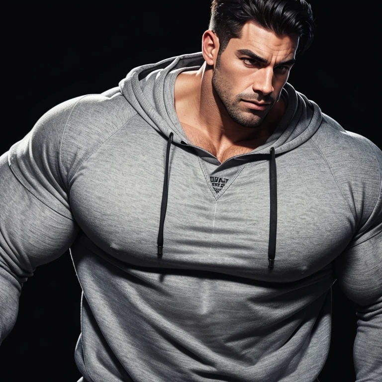 a very handsome, massively muscular man, with massively large muscles, with massively large biceps, with massively large arms, wearing a simple gray sweatshirt with long sleeves, with the bottom of the sweatshirt raised, on a black background