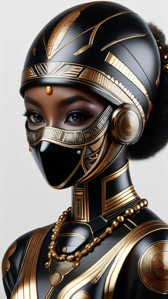 A afrofuturistic black ski mask decorated with cowrie sea shells, ultra quality, 8K, Unreal engine, concept art, afrofuturism fashion, orisha