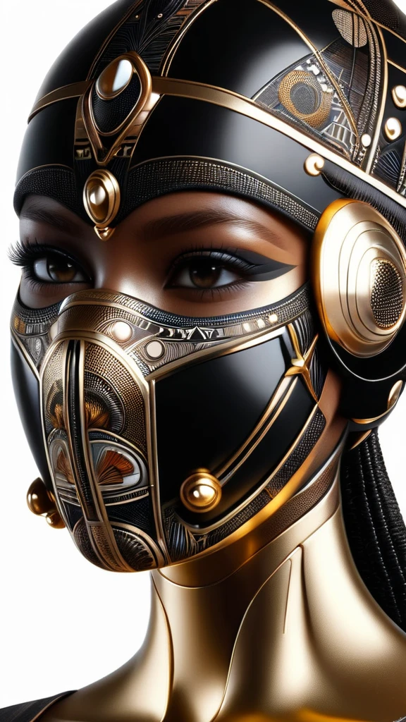 A afrofuturistic black ski mask decorated with cowrie sea shells, ultra quality, 8K, Unreal engine, concept art, afrofuturism fashion, orisha