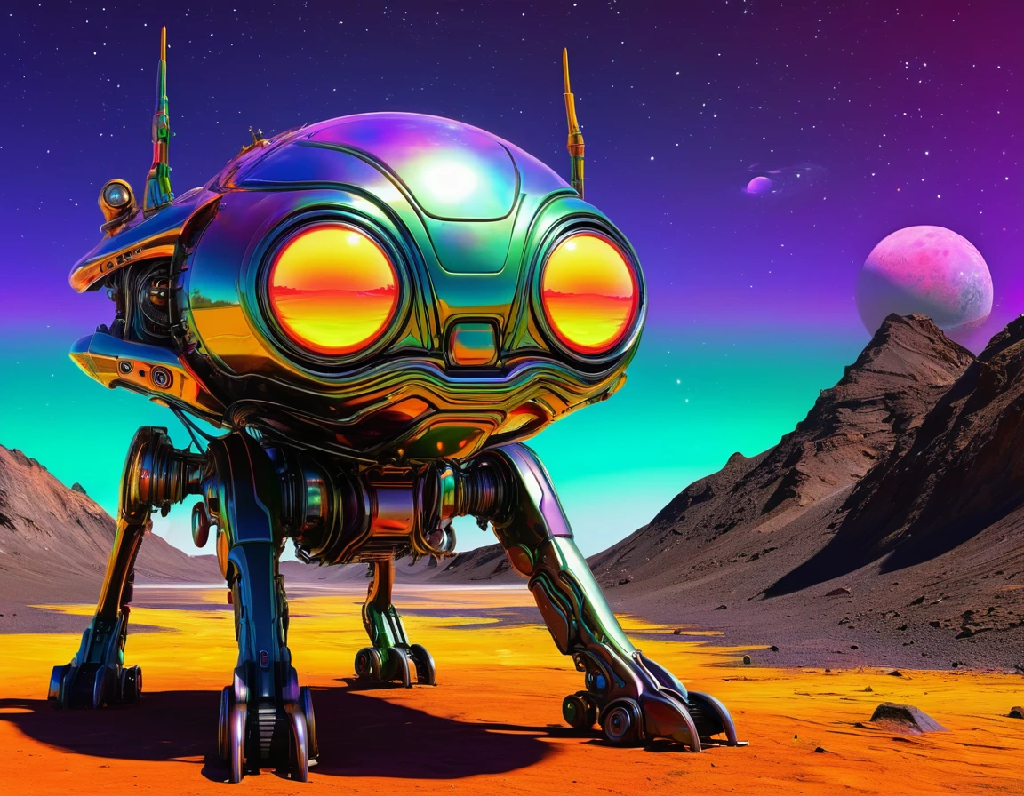 [(front full body portrait:mechanical alien jinn creature with neon glass eyes)((Alex_Harley style))):20]/[background: amazing exoplanet landscape, naive avant-garde (alien moon sunset), Alfred Wallis style], very colorful,((oil painting)),((masterpiece)), single shot