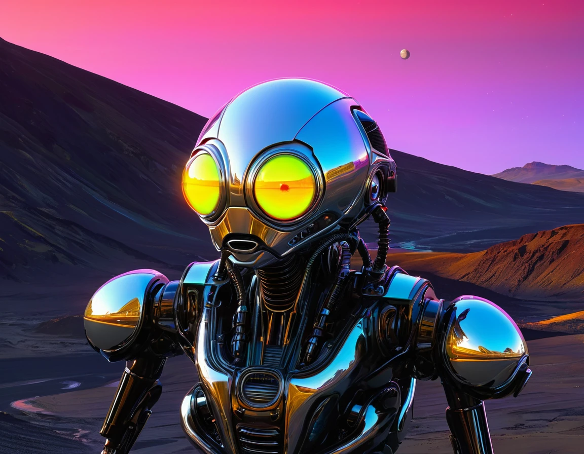 [(front full portrait:mechanical alien creature with neon glass eyes)((Alex_Harley style))):20]/[background: amazing exoplanet landscape, naive avant-garde (alien moon sunset), Alfred Wallis style], very colorful,((oil painting)),((masterpiece)), single shot