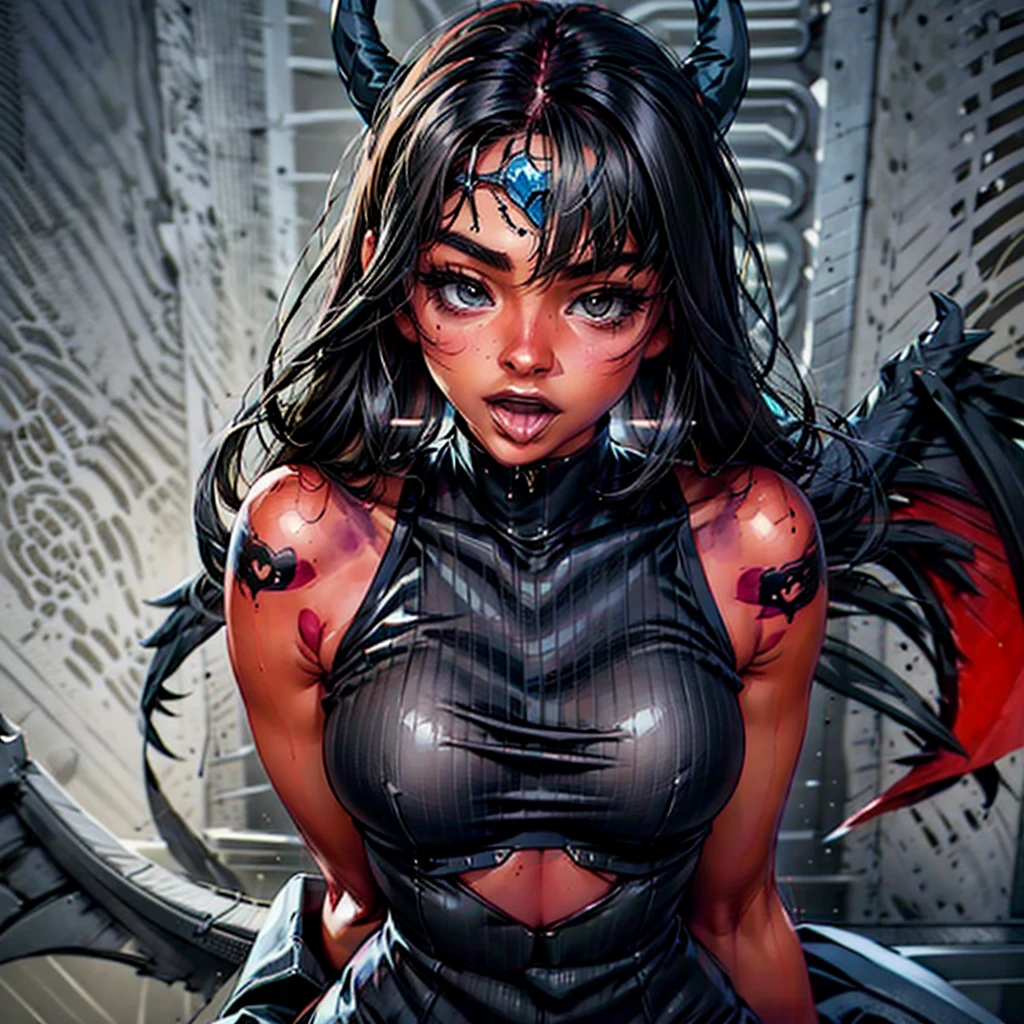 (danahamm:1.08), (style-sylvamagic:0.88), (extremely detailed CG octane render 8k wallpaper), the most beautiful artwork in the world, a Full body shot photo of a sexy solo woman looking at the camera, (nsfw:0.50), full dynamic color, Intricate, High Detail, Sharp focus, dramatic, photorealistic masterpiece painting, modelshoot style, tiefling women, red skin, 6 pack, toned, muscles, biceps, pouty lips, pierced nipples, huge breasts, womb tattoo, tongue out, sexy pose, large hips, hourglass figure, curvy, sexualy dominate pose, devil tail, devil horns, gunslinger, western outfit, cowboy, cowgirl, cowboy hat, leather chaps, gun hosters, leather duster coat, flintlock rifle, taking aim, paizuri, blowjob, fellatio