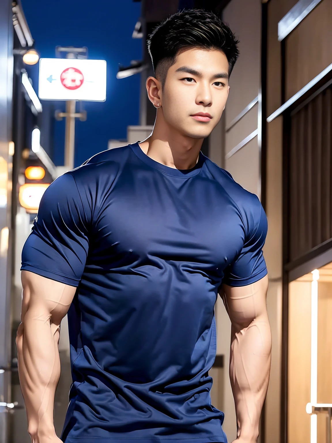 Korean male model, Big muscles,Full chest muscles,Swelling of chest muscles, Handsome, Cool, Smoothly combed hair, Ear piercing, Wearing a navy blue T-shirt, Holding a lollipop, image, modeling, Dynamic poses, Japanese Street, In the middle of the night, Shop Lighting Trade, full-body shot