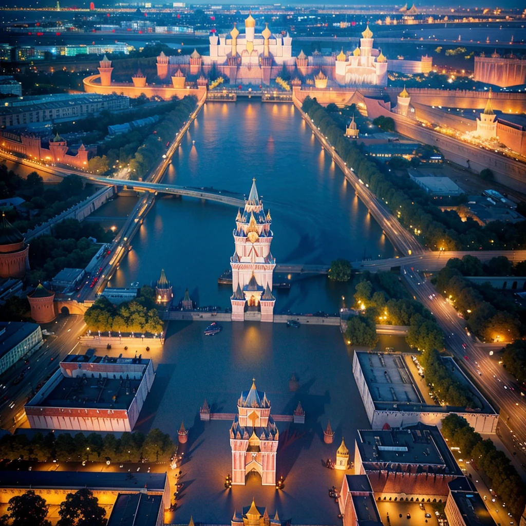 blue sky, evening light, (Aerial View of Kremlin complex of buildings:1.6), (young Beautiful woman is dancing in the Air), she wears long white thin silk dress, skin exposure is minimum, her beautiful and cute face, wide angle lens f/2.8, ultra insane high resolution intricate textures, texture indentation, perfect perspective, perfect geometry, the solar system in another dimension, other worlds, fire all around, energy fields, (luminism), ultra detailed busy background, tessellation, maximalism, perfectionism, IPA Award wining masterpiece