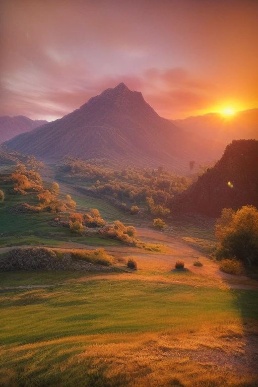 Sunset in the mountain range of Mexico spectacular view, amazing, some drops of water on the grass on the mountain, beautiful vision, beautiful sun