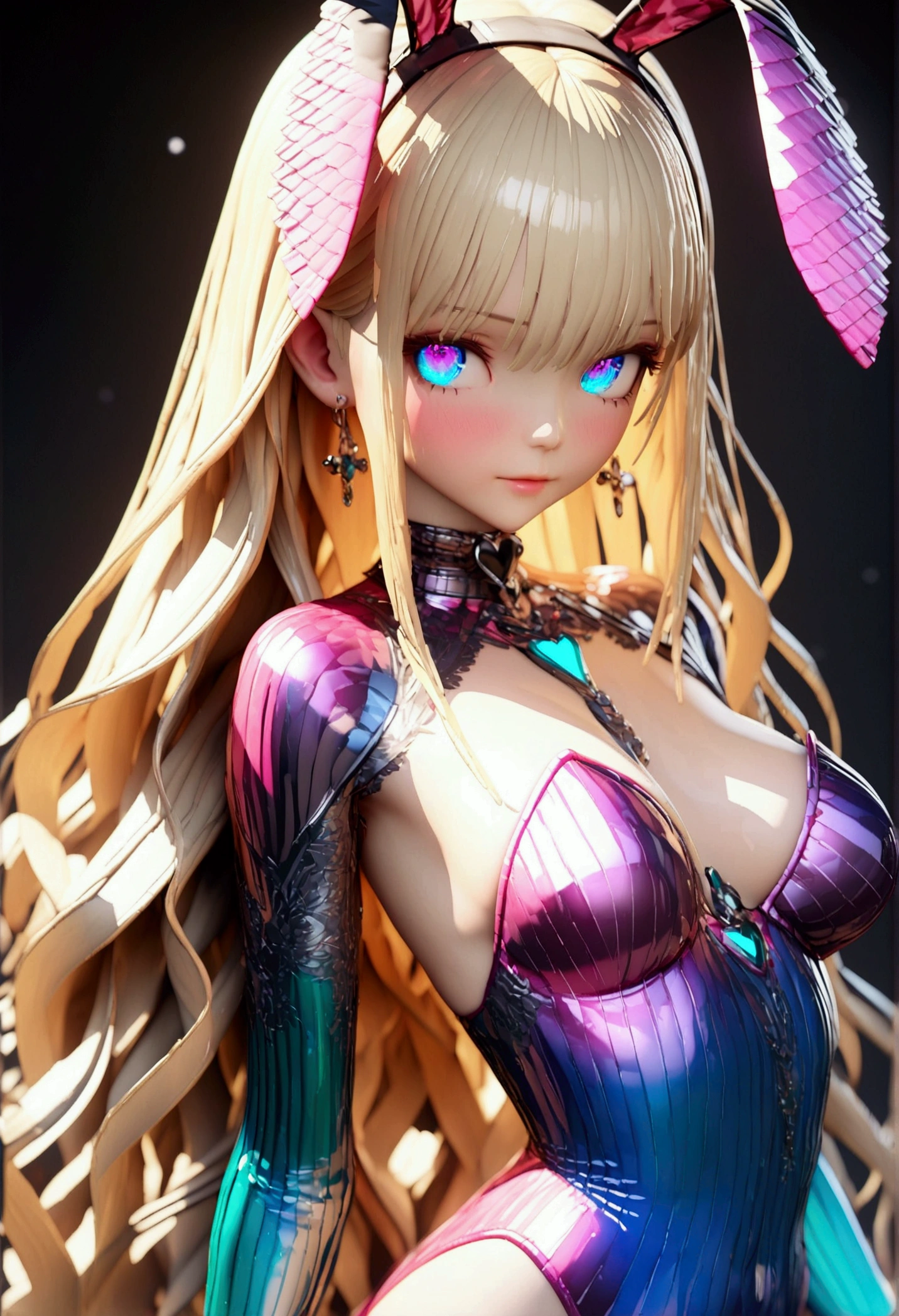 A young woman with long blonde hair upto waist, purple and blue gradient eyes with vibrant luminous hues, fair skin tone, bunnysuit, (detailed body), (detailed eyes) (masterpiece), (best quality), (ultra-detailed), (3d) 