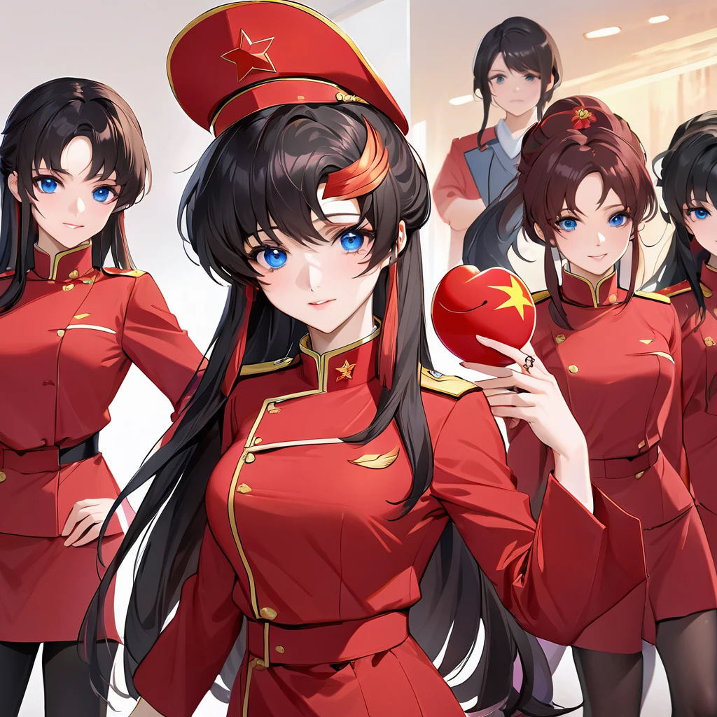 ((Highest quality)), ((masterpiece)), (detailed), (Perfect Face)、The woman is a Chinese Lacus Clyne with blue eyes and medium-long black hair. She is wearing an engagement ring. She has become a member of the glorious Chinese Communist Party and has sworn absolute loyalty to the Chinese Communist Party. She is a righteous Communist Party member of China.、The woman is wearing the fine red uniform of a Chinese Communist Party member.、For the sake of China, they dye their hair, hairstyle, clothes, and everything they wear belongs to the Chinese Communist Party, and their thoughts are also Chinese, becoming great Chinese in body and mind.、The woman became Lacus Clyne, a Chinese woman who was proud of and loved China.、The woman is serving as a comfort mission for China as a member of the great Chinese Communist Party.、She is a beautiful, respectable and exemplary Communist.