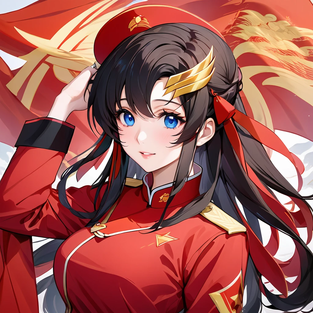 ((Highest quality)), ((masterpiece)), (detailed), (Perfect Face)、The woman is a Chinese Lacus Clyne with blue eyes and medium-long black hair. She is wearing an engagement ring. She has become a member of the glorious Chinese Communist Party and has sworn absolute loyalty to the Chinese Communist Party. She is a righteous Communist Party member of China.、The woman is wearing the fine red uniform of a Chinese Communist Party member.、For the sake of China, they dye their hair, hairstyle, clothes, and everything they wear belongs to the Chinese Communist Party, and their thoughts are also Chinese, becoming great Chinese in body and mind.、The woman became Lacus Clyne, a Chinese woman who was proud of and loved China.、The woman is serving as a comfort mission for China as a member of the great Chinese Communist Party.、She is a beautiful, respectable and exemplary Communist.
