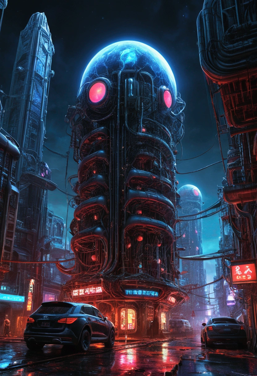 Vertical digital illustration、Surrealism and fantasy art、A mix of sci-fi, horror and space comics, Wide-angle city architecture using carbon fiber , Multidimensional organism based on carbon fiber life, The city is drinking blood, Neon Light, Post-apocalyptic, Multicolor, demonic creatures, capsule化された自然, ガラスcapsuleの中の木, The disappearance of the blood moon , capsule_ Blood Biobattery, unified theory, H.R. Giger, Frank Frassetta, alex grey, Dark Psychedelic, Bright colors, Depth, motor, wire, button, liquid crystal, Art Station Trends, Unreal Engine 5