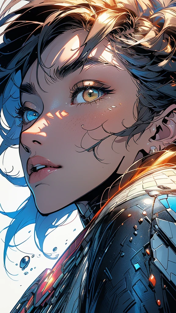 (((masterpiece, highest quality))),(((solo:1.2))),(((1girl:1.2))),32k wallpaper, very detailed,(((((portfolio))))),(((((Close-up))))),(((((bust up))))),((((more various angle)))),((((highlight)))),((((heterochromia)))),(((complete. detailed face))),((((Extremely talented)))),(((((most complecated futristic machine))))),(Colorful color scheme),(((detailed unlimited complete equipment : scope))),(((((Absolutely simple background))))),(((Texture for people : grunge))),(((marvel super hero's))),(((Characteristic enlarged jaw))),(((huge chin))),(((Chin sticking out)))