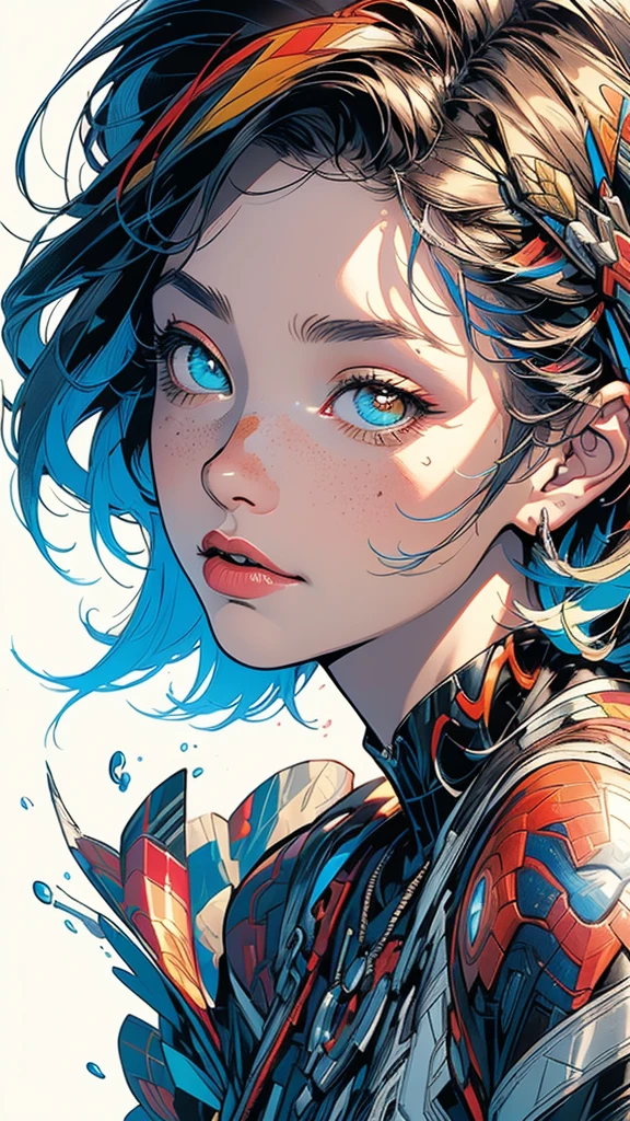 (((masterpiece, highest quality))),(((solo:1.2))),(((1girl:1.2))),32k wallpaper, very detailed,(((((portfolio))))),(((((Close-up))))),(((((bust up))))),((((more various angle)))),((((highlight)))),((((heterochromia)))),(((complete. detailed face))),((((Extremely talented)))),(((((most complecated futristic machine))))),(Colorful color scheme),(((detailed unlimited complete equipment : scope))),(((((Absolutely simple background))))),(((Texture for people : grunge))),(((marvel super hero's))),(((Characteristic enlarged jaw))),(((huge chin))),(((Chin sticking out)))