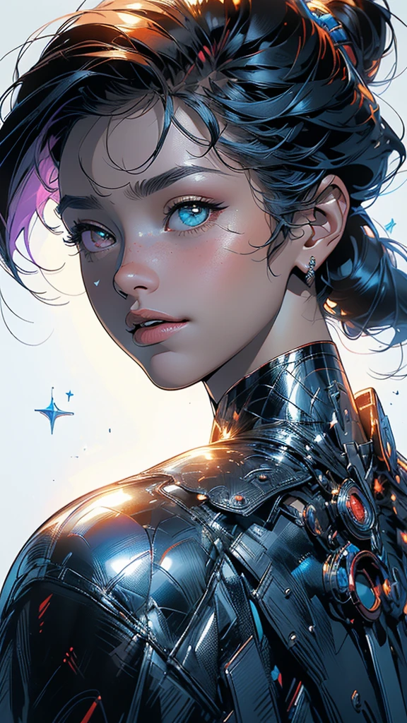 (((masterpiece, highest quality))),(((solo:1.2))),(((1girl:1.2))),32k wallpaper, very detailed,(((((portfolio))))),(((((Close-up))))),(((((bust up))))),((((more various angle)))),((((highlight)))),((((heterochromia)))),(((complete. detailed face))),((((Extremely talented)))),(((((most complecated futristic machine))))),(Colorful color scheme),(((detailed unlimited complete equipment : scope))),(((((Absolutely simple background))))),(((Texture for people : grunge))),(((marvel super hero's))),(((Characteristic enlarged jaw))),(((huge chin))),(((Chin sticking out)))