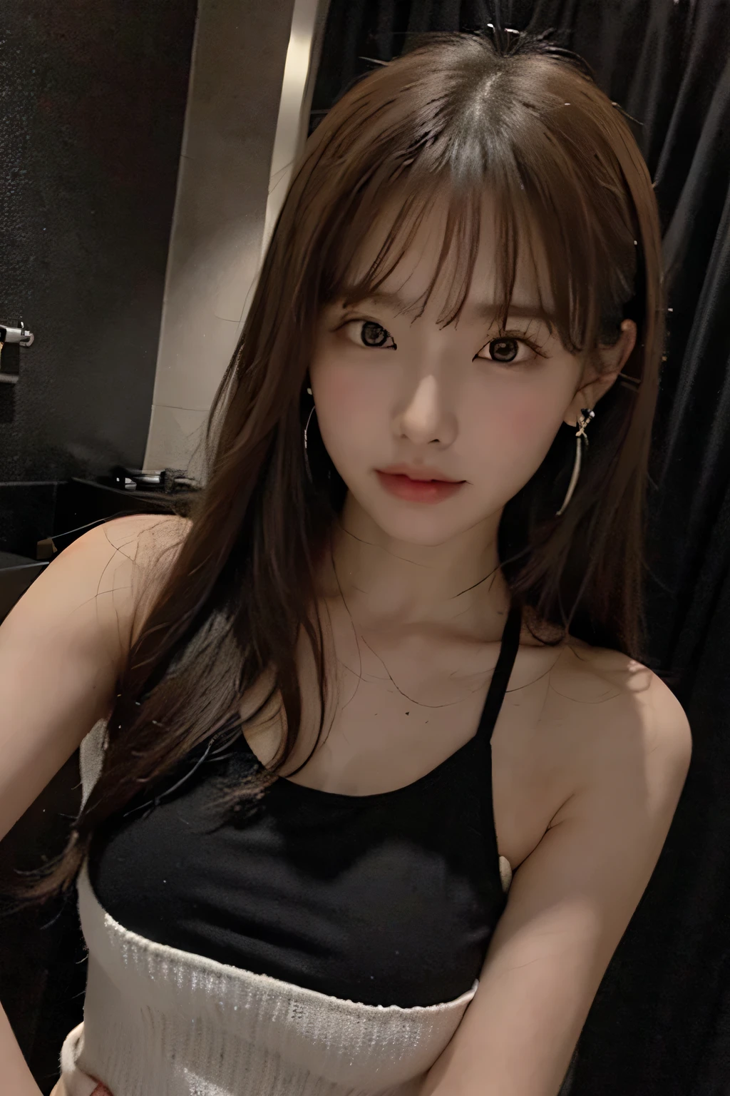 A photo of a girl with long hair, a cute face and big eyes, wearing a black tank top and silver earrings. She has delicate features on her face and soft lighting as she takes selfies in the bathroom. Her style is reminiscent of . --ar 103:128