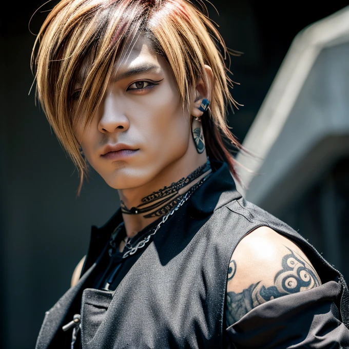 1 man, male, Japanese man, Visual Kai hairstyle, ultra detailed face and body, hyperrealistic, realistic representation, muscular, broad shoulders, tattoos gothic style, piercings, Visual Kei style, hairstyle Visual Kei, blond, long hair, 40 years old, age 40, outfit gothic streampunk, men's shirt and black pants, Asian eyes, eyes Asian, Visual Kei hairstyle