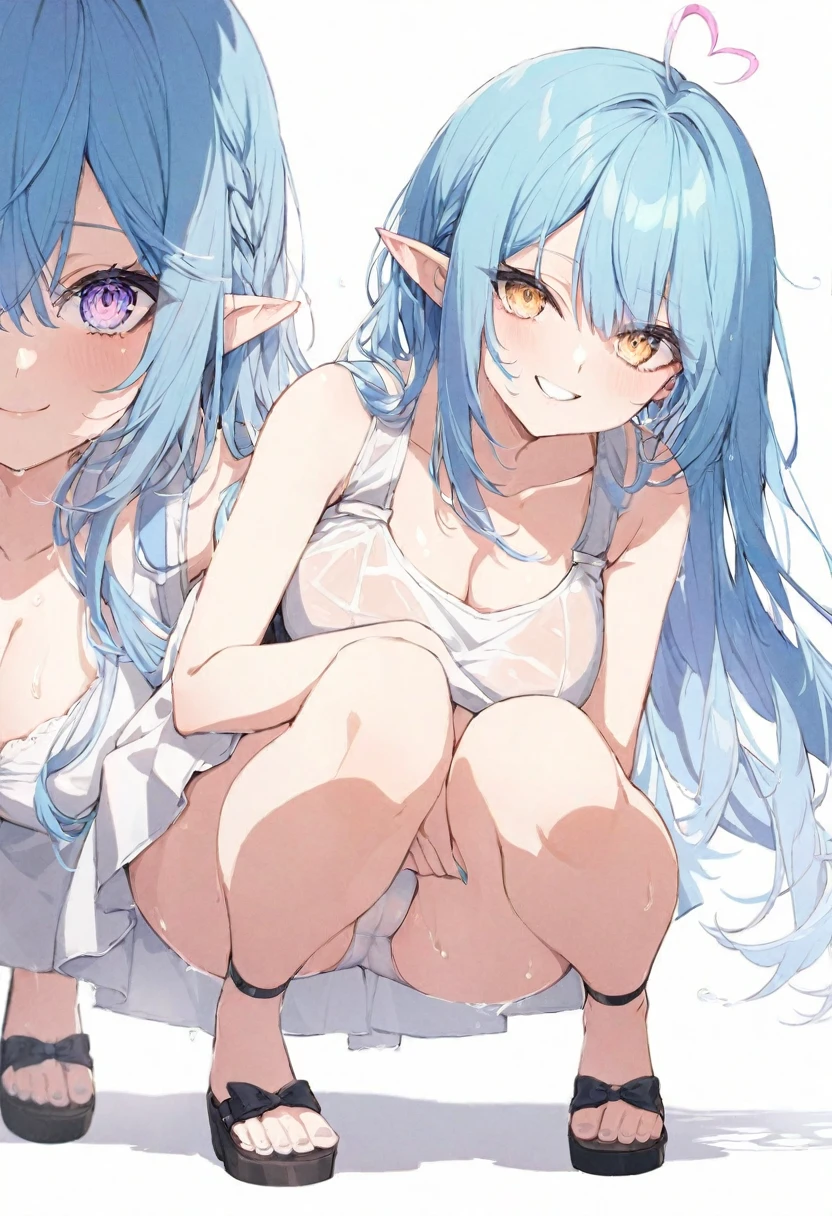 (muste piece), (best quality), (score_9, score_8_up, score_7_up), very detailed eyes, expressive eyes, perfect face, very detailed face, highly detailed face, beautiful girl, 8K, beautiful girl, white background, delicate and beautiful face and eyes, dark intense shadow, 1 girl, vtuber style, cool girl, hololive, vtuber, Yukihana Lamy, Elf ears, blue hair, heart ahoge, white sundress, sleeveless dress, suspender dress, dress bow, underpants, cameltoe, big chest, cleavage, bare arms, smile, wet hair, wet body, body visible through clothes, chest visible through clothes, ass visible through thighs, (full body), sandals, Sit and pose, squatting, knees together feet apart, gill support, from below, pov crotch,