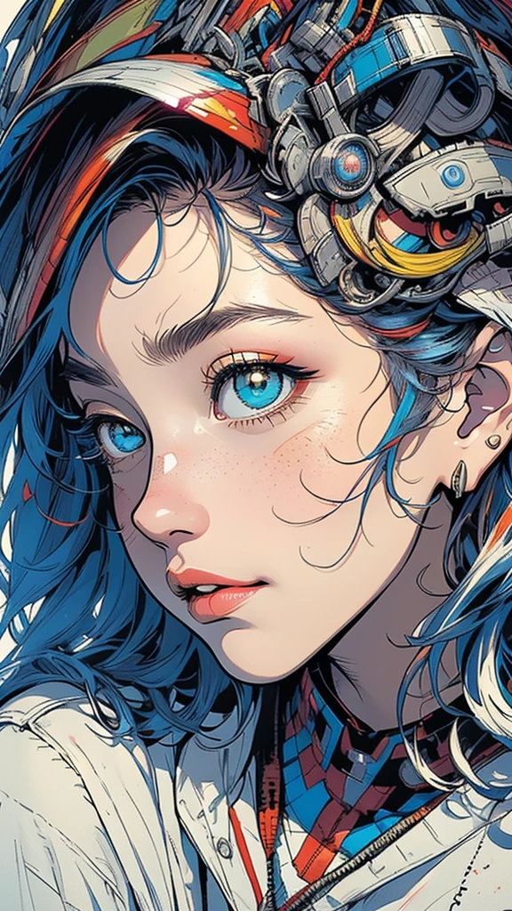 (((masterpiece, highest quality))),(((solo:1.2))),(((1girl:1.2))),32k wallpaper, very detailed,(((((portfolio))))),(((((Close-up))))),(((((bust up))))),((((more various angle)))),((((highlight)))),((((heterochromia)))),(((complete. detailed face))),((((Extremely talented)))),(((((most complecated futristic machine))))),(Colorful color scheme),(((detailed unlimited complete equipment : scope))),(((((Absolutely simple background))))),(((Texture for people : grunge))),(((marvel super hero's))),(((Characteristic enlarged jaw))),(((huge chin))),(((huge Chin sticking out)))