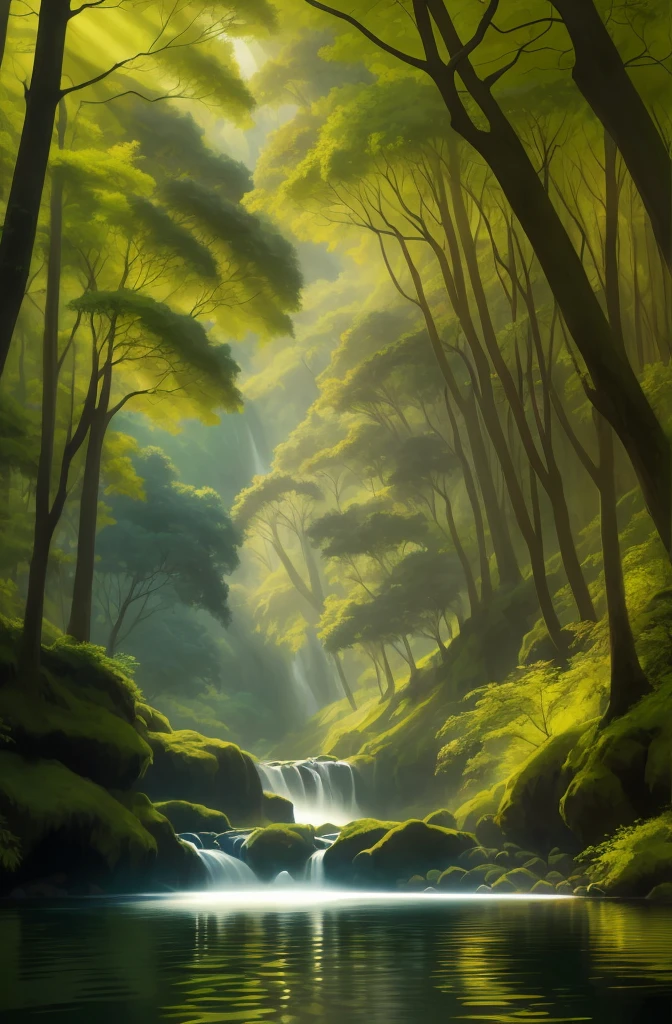 Draw a stream in the forest,There is a waterfall in the middle, inspired by Andreas Rocha, andreas rocha and john howe, 8 k resolution digital painting, 8k resolution digital painting, Loish et WLOP, digital painting concept art, inspirada em Christophe Vacher, wlop and RHADS, james gurney and andreas rocha, Detailed digital painting