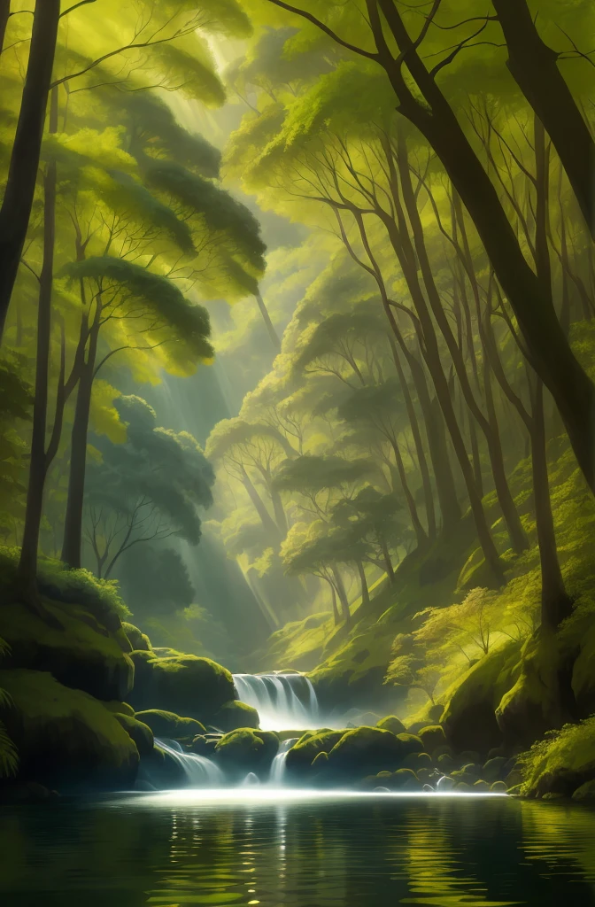Draw a stream in the forest,There is a waterfall in the middle, inspired by Andreas Rocha, andreas rocha and john howe, 8 k resolution digital painting, 8k resolution digital painting, Loish et WLOP, digital painting concept art, inspirada em Christophe Vacher, wlop and RHADS, james gurney and andreas rocha, Detailed digital painting
