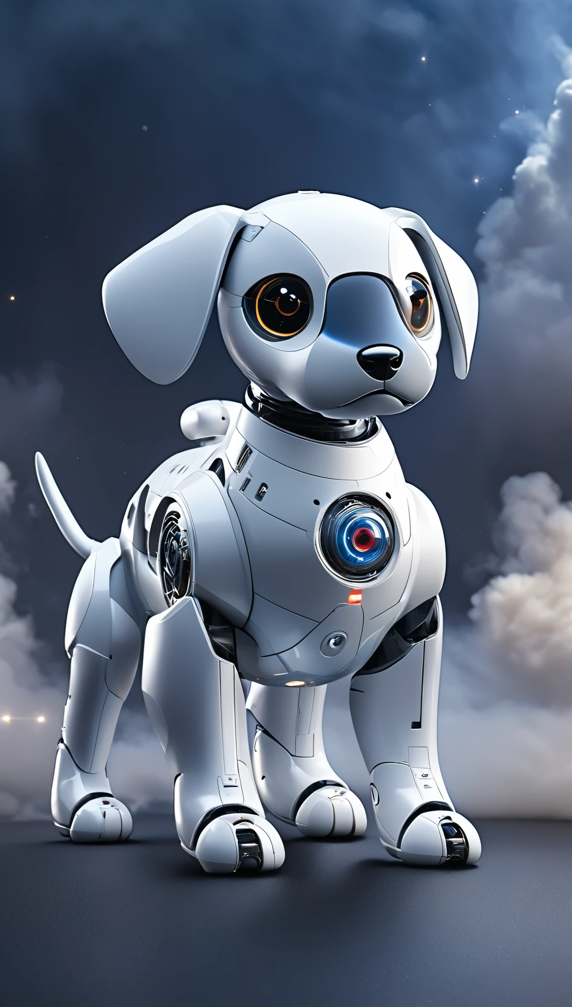 Highest quality, Realistic, photoRealistic, Award-winning photography, Design drawings, universe space, Combat Model, robotic dogs: AIBO, The highly evolved AIBO, fly in the sky, jet engine, missile, Laser beam