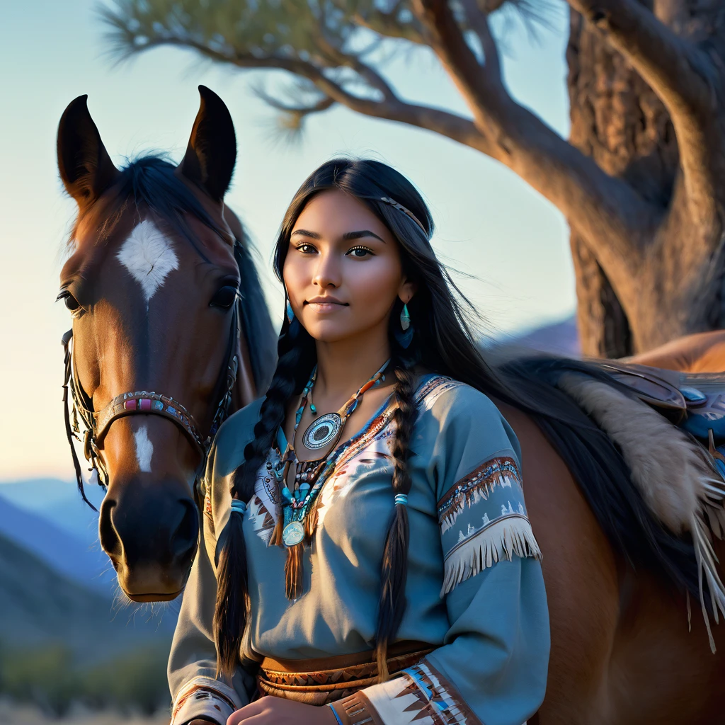(grainy:0.5), cinematic, beautiful girl 25 year old,native american,fantasy,(solo:1.3), detailed eyes, detailed face, detailed native american sexy clothing , volumetric lighting, dusk, extremely detailed background, standing next to tree and mountain, smiling, half closed eyes, tilted head, from side, sitting next to her horse